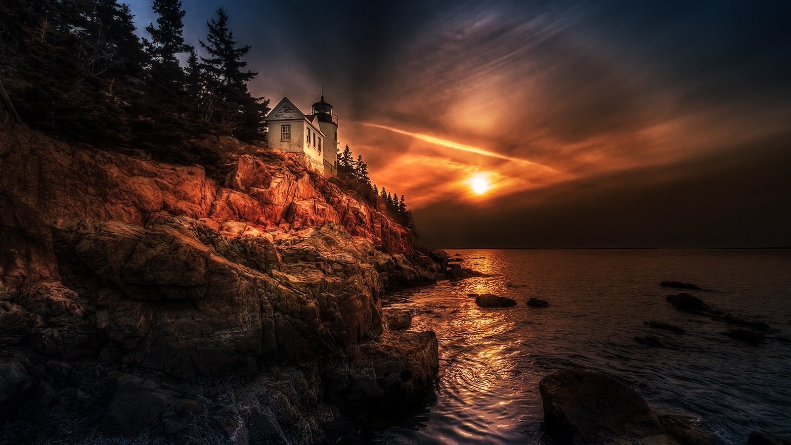 nature, Landscape, Sunset, Sea, Coast, Lighthouse, Sky, Halo, HDR, Trees, Rock, Maine Wallpaper