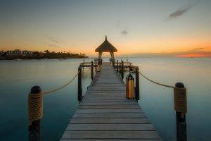 nature, Landscape, Sunrise, Dock, Sea, Island, Mauritius, Tropical, Walkway, Beach