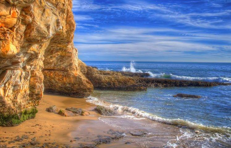 nature, Landscape, Beach, Sea, Coast, Rock, Cliff, Waves, Cave, Sand, HDR, Clouds HD Wallpaper Desktop Background