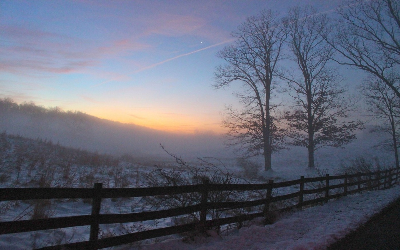 mist, Fence, Nature, Winter, Trees, Landscape, Snow, Sunset, Clouds, Road Wallpaper