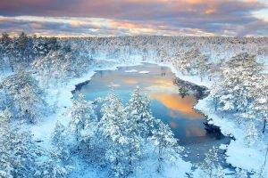 winter, Forest, Lake, Snow, Trees, Reflection, Nature, Sunset, Clouds, Cold, Landscape, Water, Ice