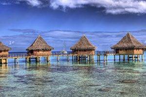 nature, Landscape, Resort, French Polynesia, Bungalow, Sea, Beach, Atolls, Island, Tropical, Summer