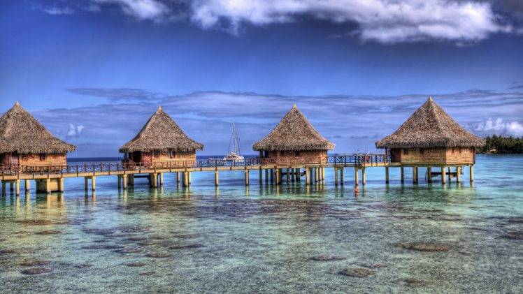 nature, Landscape, Resort, French Polynesia, Bungalow, Sea, Beach, Atolls, Island, Tropical, Summer HD Wallpaper Desktop Background