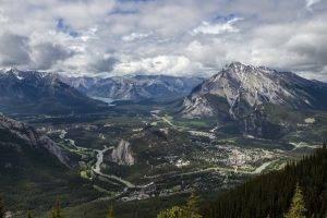 nature, Landscape, Banff National Park, Mountain, Forest, Panoramas, Valley, Town, River, Summer, Canada, Clouds