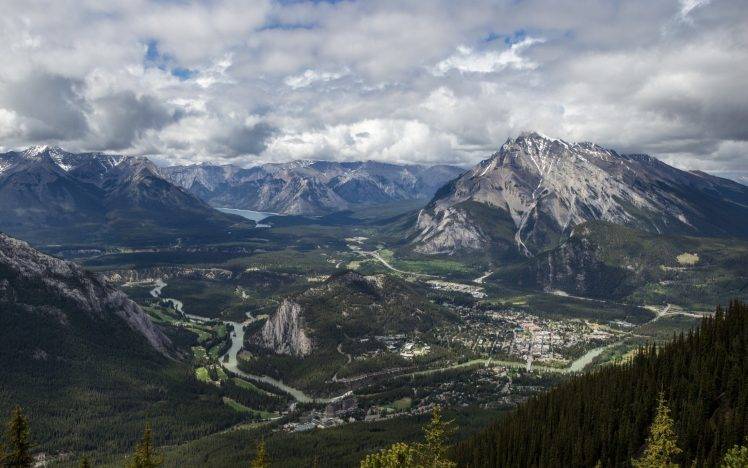 nature, Landscape, Banff National Park, Mountain, Forest, Panoramas, Valley, Town, River, Summer, Canada, Clouds HD Wallpaper Desktop Background