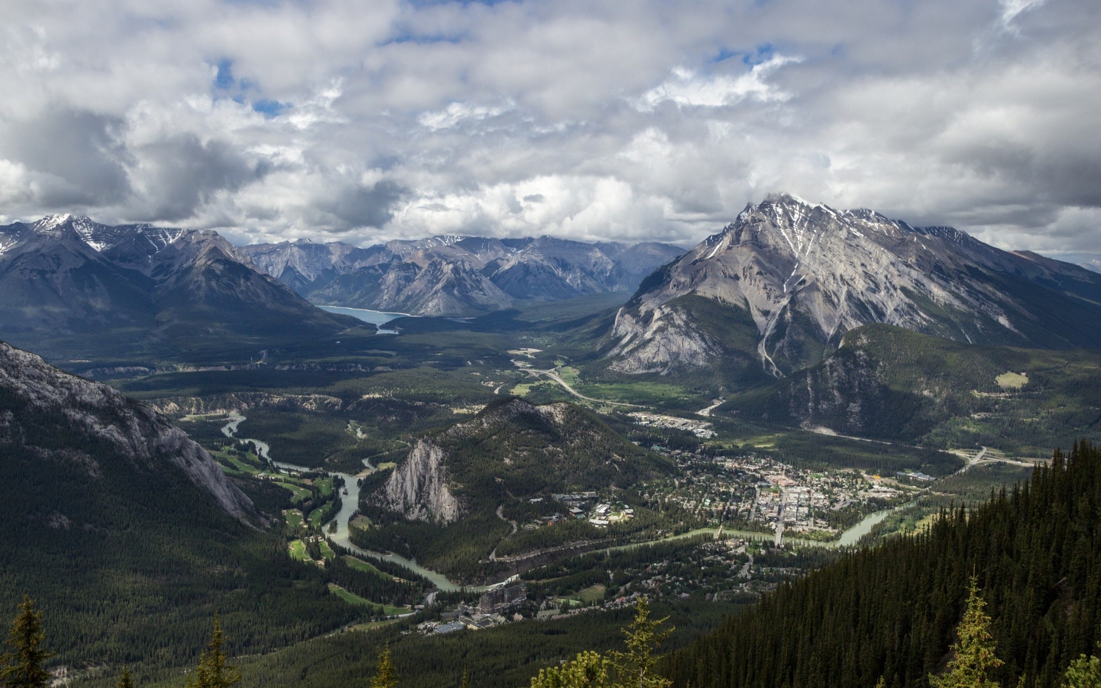 nature, Landscape, Banff National Park, Mountain, Forest, Panoramas, Valley, Town, River, Summer, Canada, Clouds Wallpaper