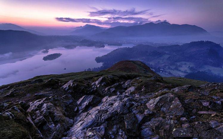 nature, Landscape, England, Sunrise, Mist, Island, Mountain, Forest, Lights, Atmosphere HD Wallpaper Desktop Background