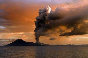 volcano, Landscape, Clouds, Sunset, Sea, Eruption