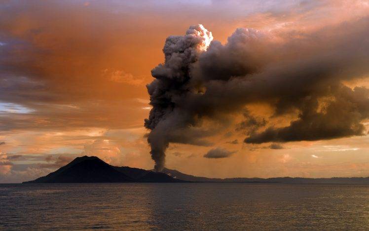 volcano, Landscape, Clouds, Sunset, Sea, Eruption HD Wallpaper Desktop Background