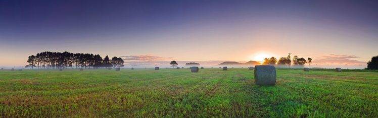 landscape, Sunrise, Mist, Haystacks, Multiple Display HD Wallpaper Desktop Background