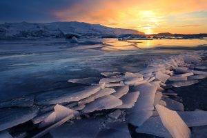 nature, Landscape, Iceland, Ice, Winter, Snow, Glaciers, Iceberg, Water, Mountain, Sunset, Clouds, Reflection, Frozen Lake
