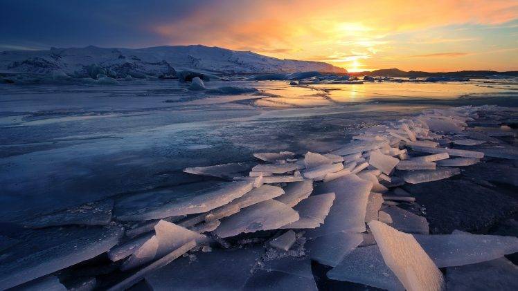 nature, Landscape, Iceland, Ice, Winter, Snow, Glaciers, Iceberg, Water, Mountain, Sunset, Clouds, Reflection, Frozen Lake HD Wallpaper Desktop Background