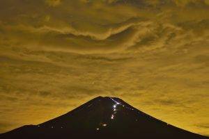 nature, Landscape, Mount Fuji, Japan, Mountain, Night, Lights, Clouds, Silhouette, Stars, Noisy, Climbing, Long Exposure