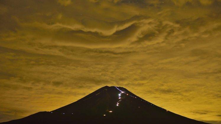 nature, Landscape, Mount Fuji, Japan, Mountain, Night, Lights, Clouds, Silhouette, Stars, Noisy, Climbing, Long Exposure HD Wallpaper Desktop Background