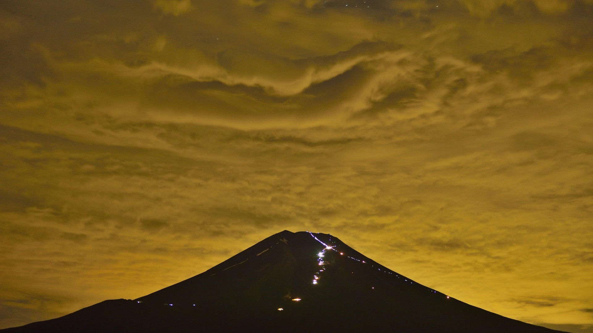 nature, Landscape, Mount Fuji, Japan, Mountain, Night, Lights, Clouds, Silhouette, Stars, Noisy, Climbing, Long Exposure Wallpaper