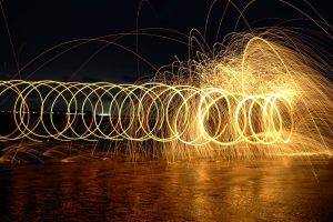 nature, Water, Night, Fire, Sparks, Spring, Long Exposure, Reflection, Circle, Lights, Hill, Landscape, Clouds