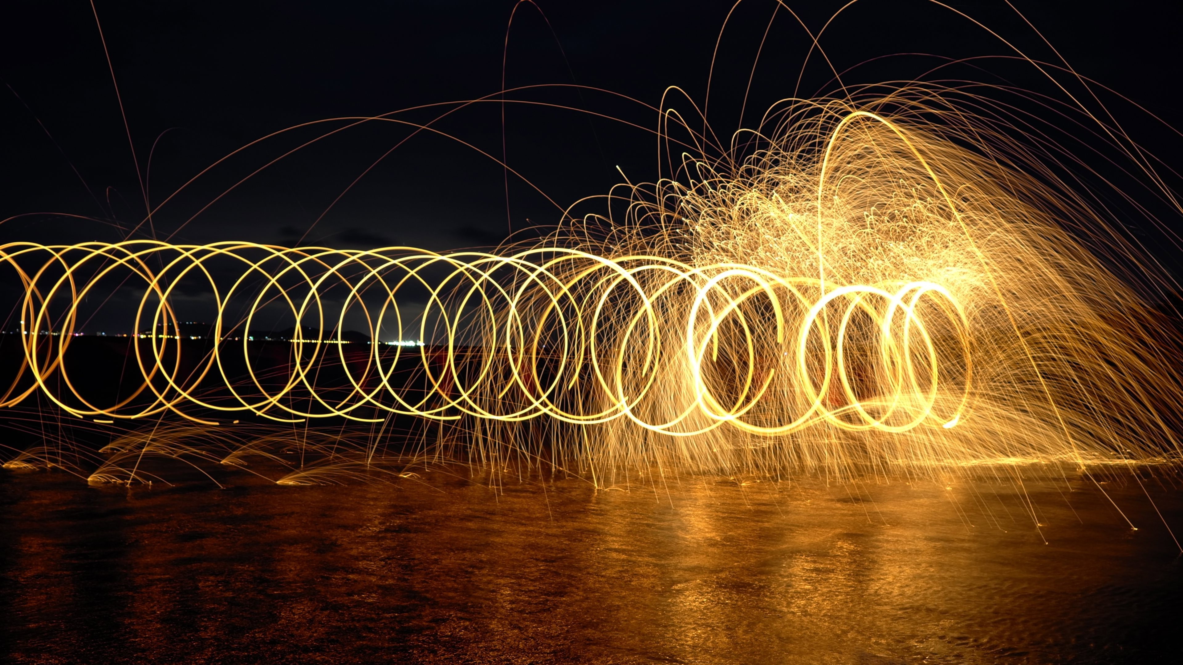 nature, Water, Night, Fire, Sparks, Spring, Long Exposure, Reflection, Circle, Lights, Hill, Landscape, Clouds Wallpaper