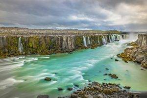 nature, Landscape, Waterfall, Iceland, Canyon, Clouds, Mist, Summer, Moss, River
