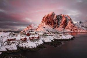 sunrise, Winter, Mountain, Fjord, Norway, Snow, Village, Cold, Nature, Landscape, Clouds