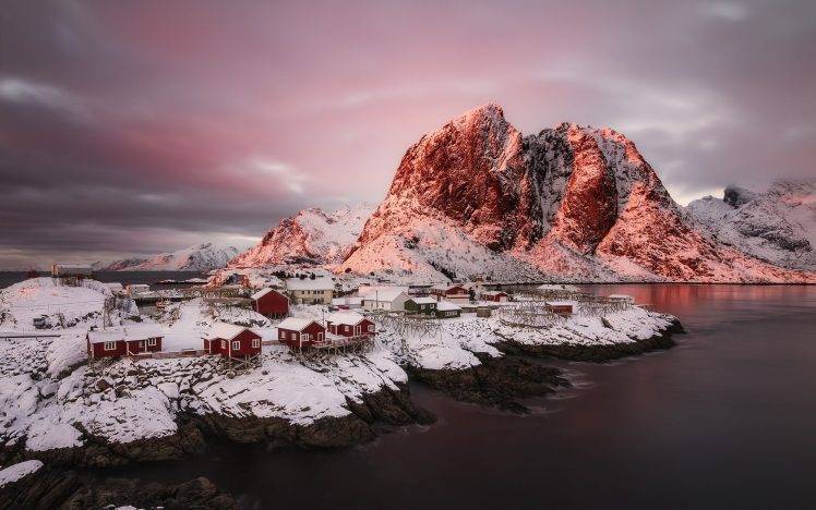 sunrise, Winter, Mountain, Fjord, Norway, Snow, Village, Cold, Nature, Landscape, Clouds HD Wallpaper Desktop Background