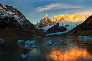 sunrise, Mountain, Lake, Glaciers, Snow, Frost, Ice, Nature, Landscape, Argentina