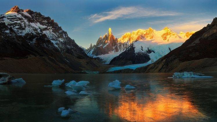 sunrise, Mountain, Lake, Glaciers, Snow, Frost, Ice, Nature, Landscape, Argentina HD Wallpaper Desktop Background