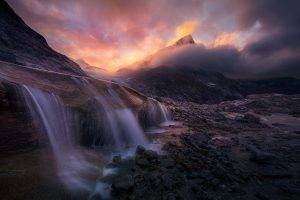 sunrise, Storm, Alaska, Waterfall, Sky, Mountain, Mist, Nature, Landscape, Clouds, Long Exposure