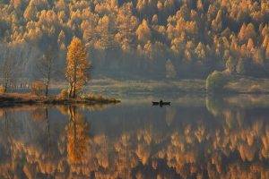 nature, Landscape, Sunrise, Lake, Forest, Mountain, Fall, Reflection, Boat, Trees, Water, Mist, Calm, Yellow