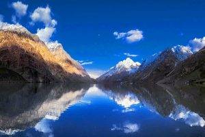nature, Landscape, Mountain, Lake, Reflection, Snowy Peak, Clouds, Water, Blue, White, Pakistan