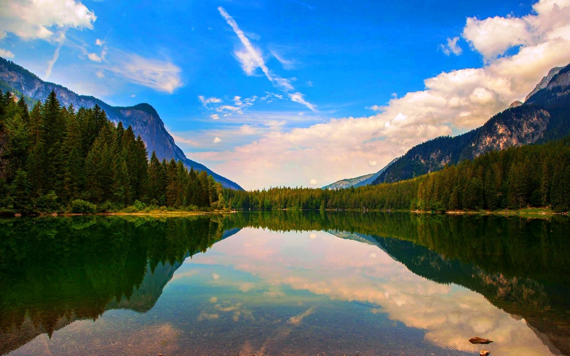 nature, Landscape, Lake, Reflection, Mountain, Clouds, Forest, Italy, Water, Summer, Trees, Calm Wallpaper
