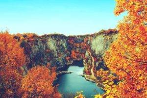 nature, Landscape, Fall, Lake, Canyon, Trees, Water, Leaves