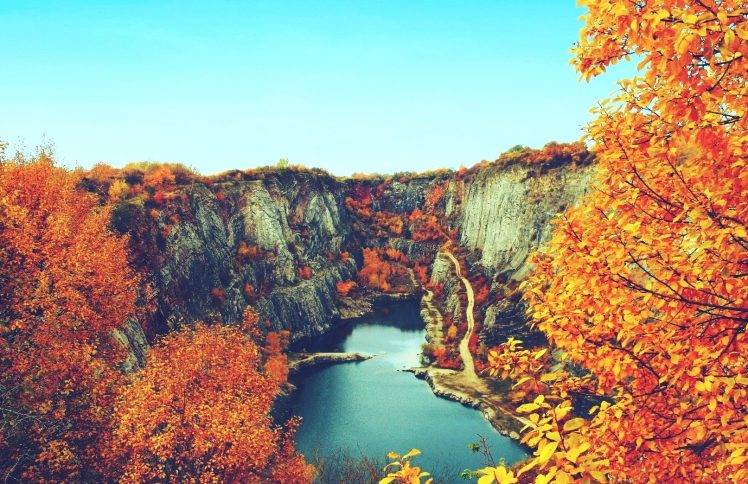 nature, Landscape, Fall, Lake, Canyon, Trees, Water, Leaves HD Wallpaper Desktop Background
