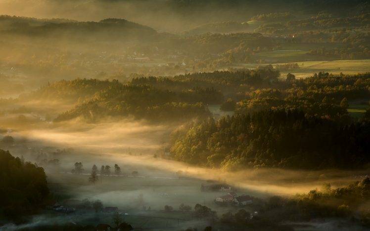 nature, Landscape, Mist, Valley, Village, Sunrise, Forest, Field, Mountain, Trees HD Wallpaper Desktop Background