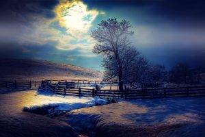 nature, Landscape, Moonlight, Winter, Snow, Mist, Fence, Evening, Trees, Clouds