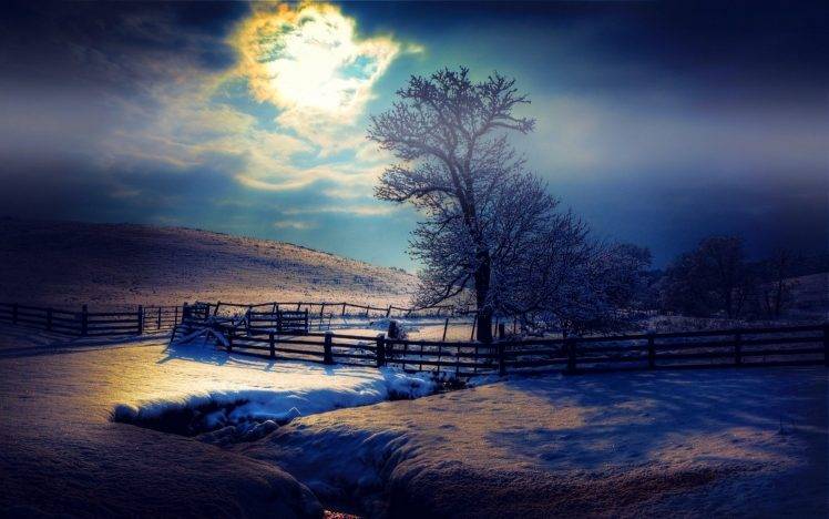 nature, Landscape, Moonlight, Winter, Snow, Mist, Fence, Evening, Trees, Clouds HD Wallpaper Desktop Background