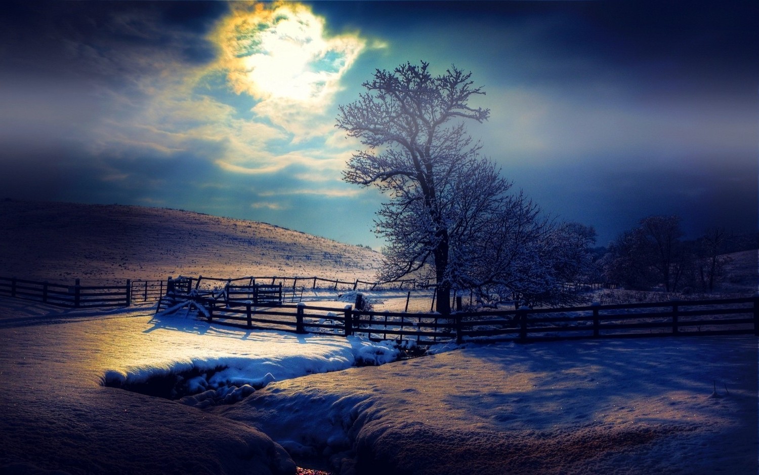 nature, Landscape, Moonlight, Winter, Snow, Mist, Fence, Evening, Trees, Clouds Wallpaper