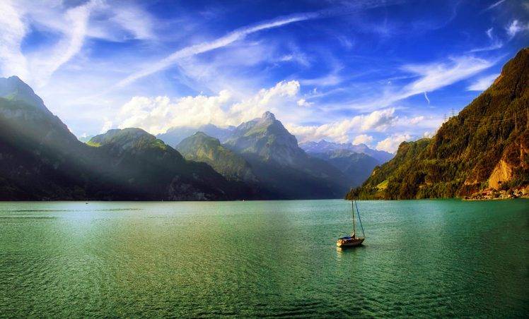 nature, Landscape, Mountain, Lake, Clouds, Mist, Morning, Alps, Switzerland, Sailboats, Sun Rays, Water HD Wallpaper Desktop Background