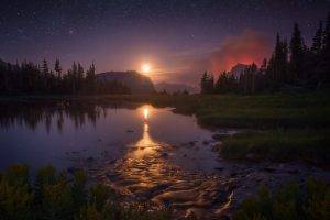 landscape, Nature, Starry Night, Moon, Lake, Reflection, Glacier National Park, Montana, Trees, Shrubs, Moonlight, Mountain, Sky