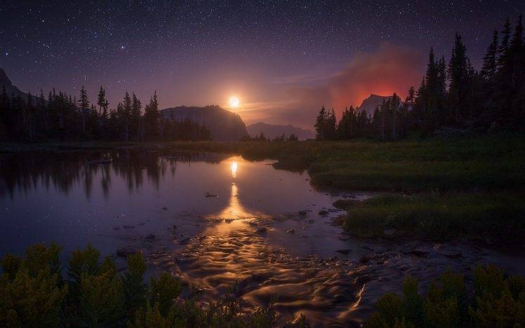 landscape, Nature, Starry Night, Moon, Lake, Reflection, Glacier National Park, Montana, Trees, Shrubs, Moonlight, Mountain, Sky HD Wallpaper Desktop Background