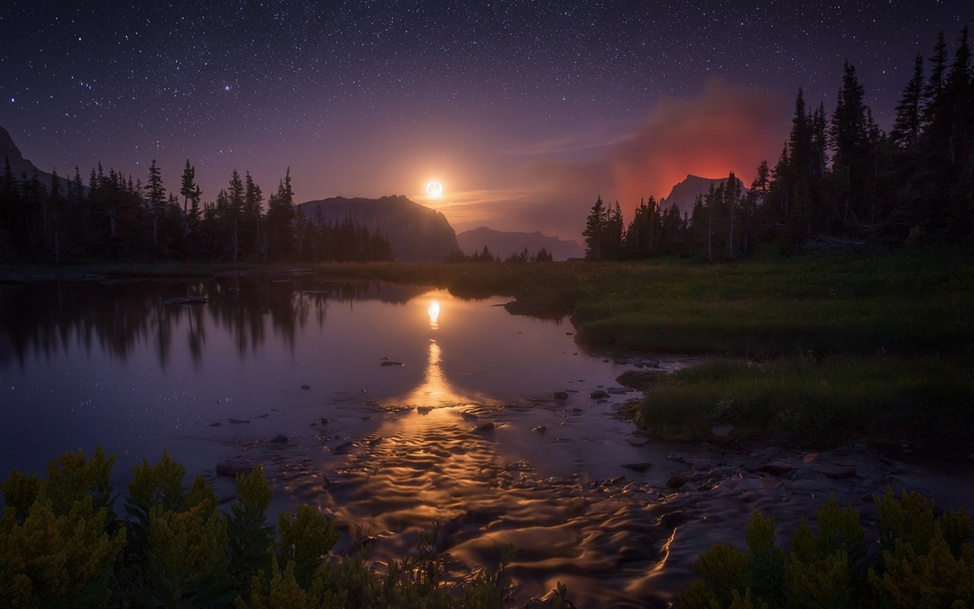 landscape, Nature, Starry Night, Moon, Lake, Reflection, Glacier National Park, Montana, Trees, Shrubs, Moonlight, Mountain, Sky Wallpaper