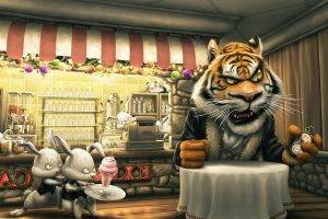 tiger, Rabbits, Cartoon, Cafes, Ice Cream, Food, Artwork, Animals