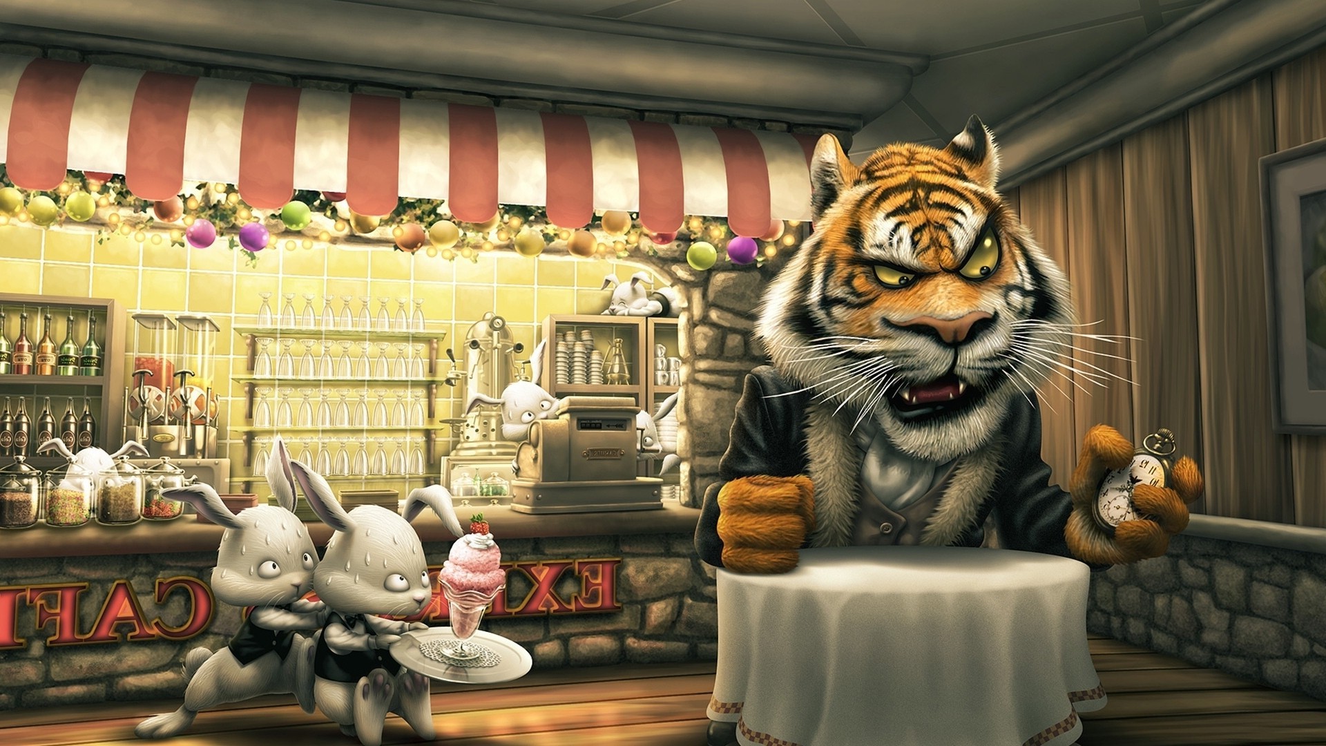 tiger, Rabbits, Cartoon, Cafes, Ice Cream, Food, Artwork, Animals Wallpaper