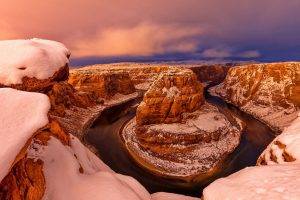 nature, Landscape, Mountain, Clouds, Hill, Canyon, Arizona, USA, River, Winter, Snow, Rock