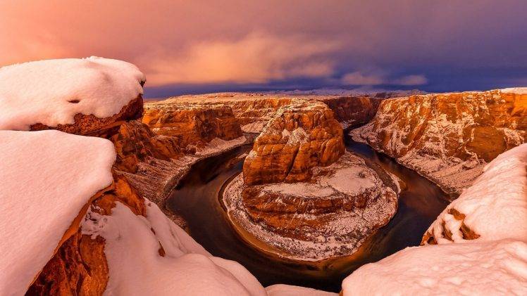 nature, Landscape, Mountain, Clouds, Hill, Canyon, Arizona, USA, River, Winter, Snow, Rock HD Wallpaper Desktop Background