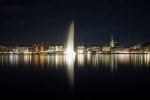 nature, Landscape, Architecture, Water, Lights, Reflection, Night, Hamburg, Germany, Cityscape, City, River, Fountain, Church, Old Building, Long Exposure