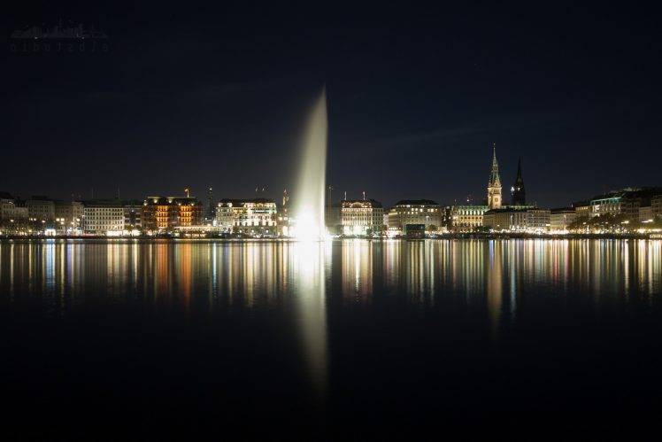 nature, Landscape, Architecture, Water, Lights, Reflection, Night, Hamburg, Germany, Cityscape, City, River, Fountain, Church, Old Building, Long Exposure HD Wallpaper Desktop Background