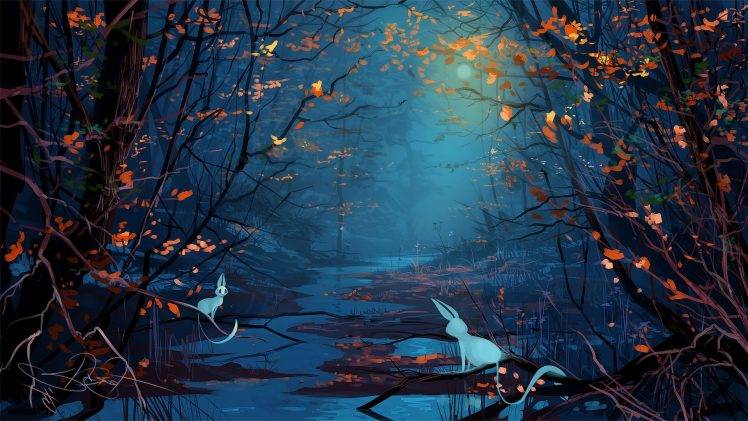digital Art, Nature, Trees, Leaves, Branch, Water, Stream, Animals, Rabbits, Moon, Night, Mist HD Wallpaper Desktop Background