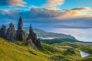 landscape, Nature, Rock Formation, Hill, Lake, Clouds, Skye, Scotland, Old Man Of Storr