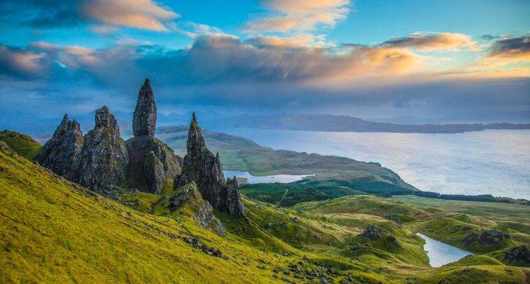 landscape, Nature, Rock Formation, Hill, Lake, Clouds, Skye, Scotland, Old Man Of Storr HD Wallpaper Desktop Background