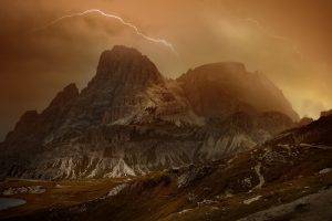 nature, Landscape, Lightning, Dolomites (mountains), Italy, Mist, Sky, Clouds, Storm, Cabin, Summer, Lake